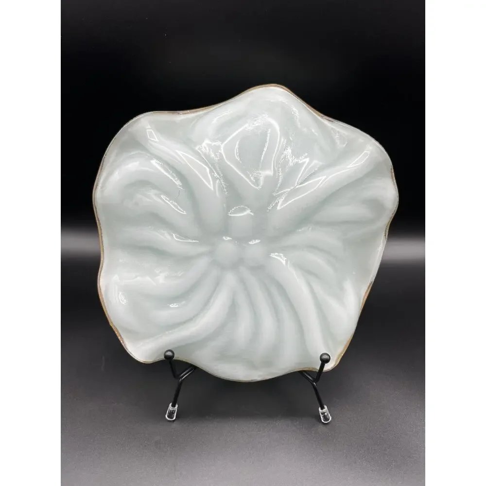 Annie Glass Flower Shaped Bowl 8.5” White Glass with Gold Rim Signed